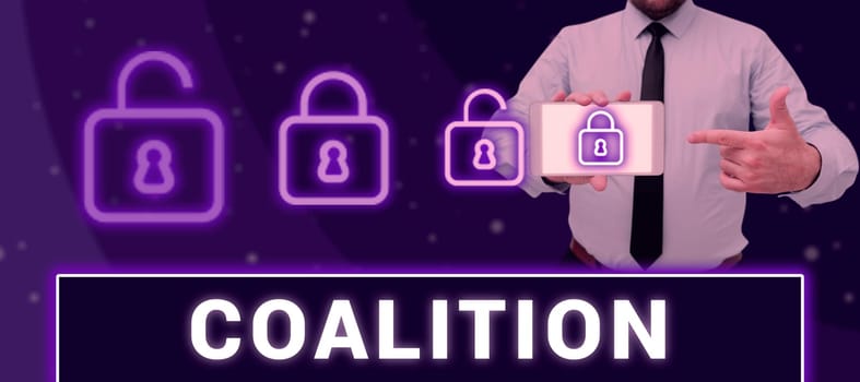 Text caption presenting Coalition, Concept meaning a temporary alliance of distinct parties, persons, or states for joint action