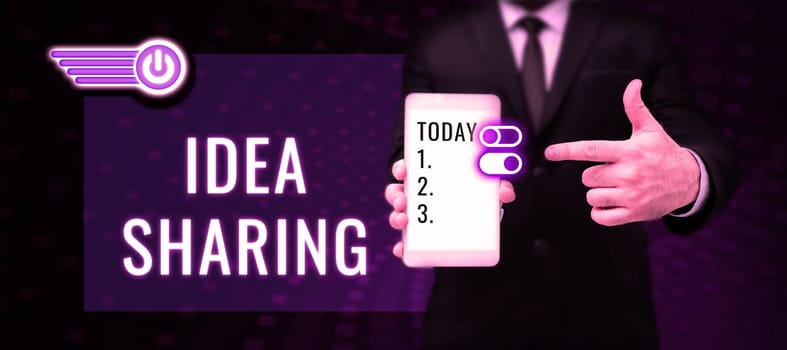 Text caption presenting Idea Sharing, Business idea Startup launch innovation product, creative thinking