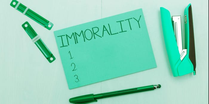 Conceptual caption Immorality, Business overview the state or quality of being immoral, wickedness