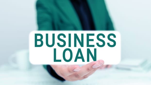 Sign displaying Business Loan, Word Written on Credit Mortgage Financial Assistance Cash Advances Debt