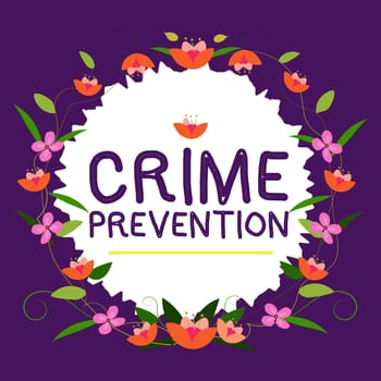 Hand writing sign Crime Prevention, Word for Federal Offense actions Illegal Activities punishable by Law