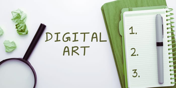 Text caption presenting Digital Art, Internet Concept use of skill and creative imagination characterized by computerized technology