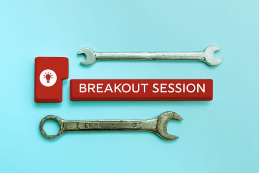 Hand writing sign Breakout Session, Business showcase workshop discussion or presentation on specific topic