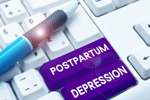 Text caption presenting Postpartum Depression, Business idea a mood disorder involving intense depression after giving birth