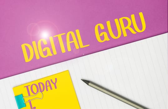 Writing displaying text Digital Guru, Concept meaning teacher and intellectual guide in matters of fundamental concern of electronics