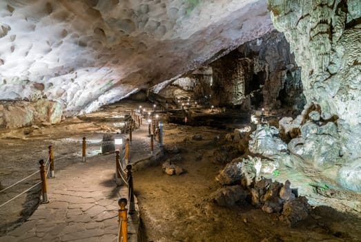Scenic view inside of Thien Cung Grotto in Ha Long Bay, Vietnam.