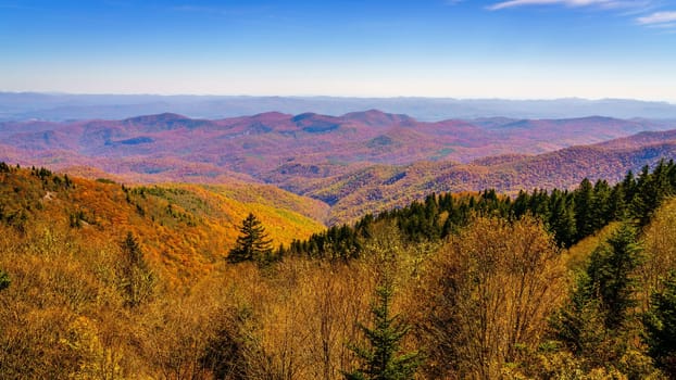 Scenic view of Smoky Mountains from Blue Ridge Parkway in North Carolina in fall