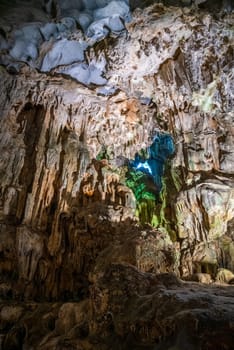 Stalactitie formations in Thien Cung Grotto in Ha Long Bay in Vietnam