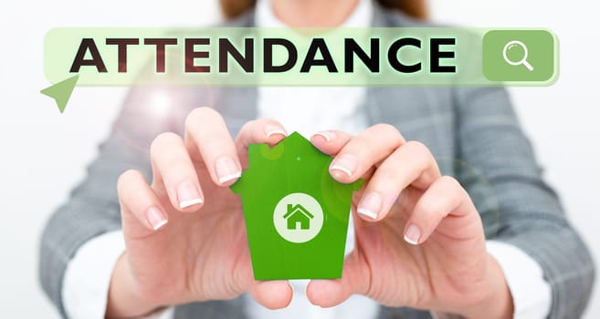 Text caption presenting Attendance, Business overview Going regularly Being present at place or event Number of people