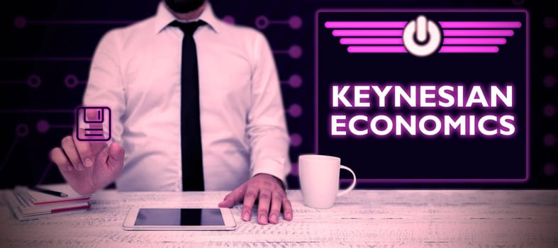 Text caption presenting Keynesian Economics, Business approach monetary and fiscal programs by government to increase employment
