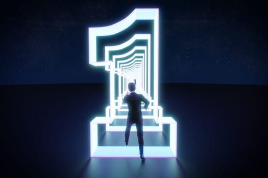 3D Illustration,businessman run in front of exit door number one. Concept of career start up and champion business solution.