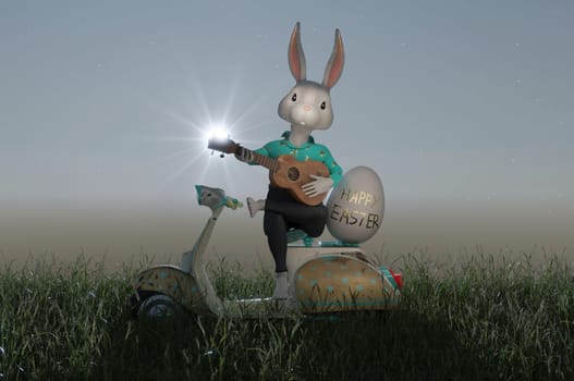 3D Illustration , Happy Easter greeting template or copy space. Cute cartoon rabbit with riding scooter delivering Easter eggs