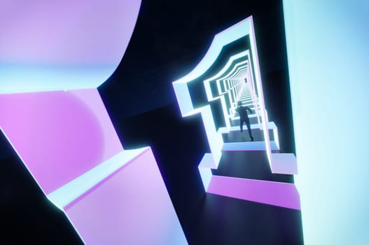 3D Illustration,businessman run in front of exit door number one. Concept of career start up and champion business solution.