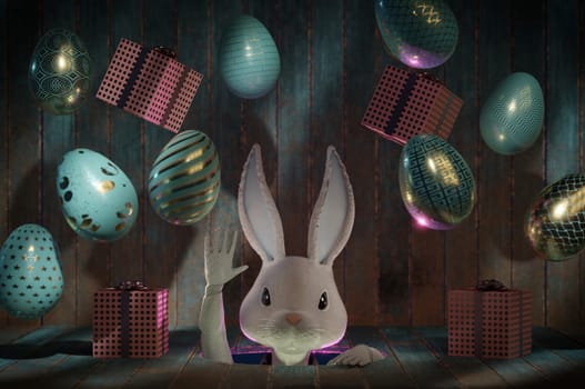3D Illustration , Happy Easter greeting template or copy space. Cute cartoon rabbit in hole
