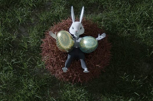 3D Illustration , Happy Easter greeting template or copy space. Cute cartoon rabbit on nest