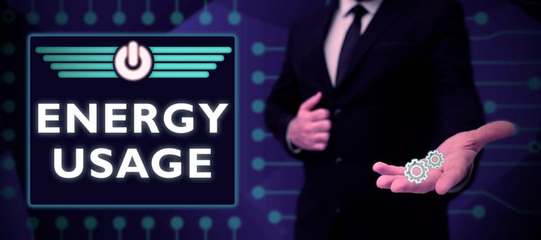 Text caption presenting Energy Usage, Concept meaning Amount of energy consumed or used in a process or system