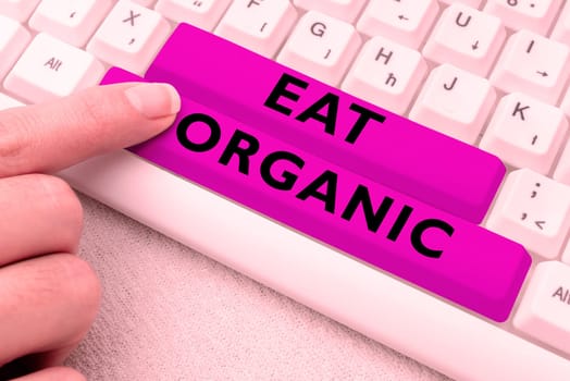Hand writing sign Eat Organic, Concept meaning Reduction of eating sweets Diabetic control dieting