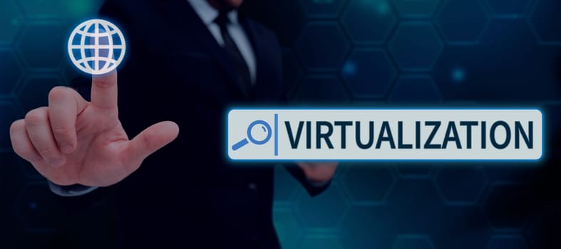 Text caption presenting Virtualization, Concept meaning application of virtual environment to computer games