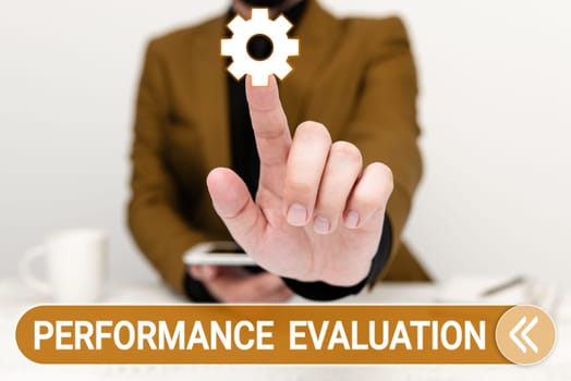 Text caption presenting Performance Evaluation, Business showcase the development and action planning of another
