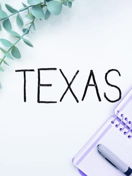 Text showing inspiration Texas, Business idea a state in the South Central region of the United States