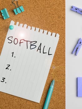 Text showing inspiration Softball, Business approach a sport similar to baseball played with a ball and bat