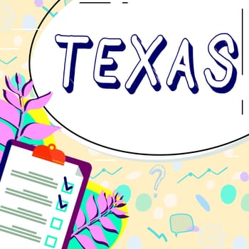Text sign showing Texas, Business approach a state in the South Central region of the United States