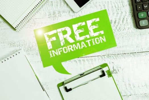 Text caption presenting Free Information, Business showcase knowledge obtained from investigation, study, or instruction free of charge