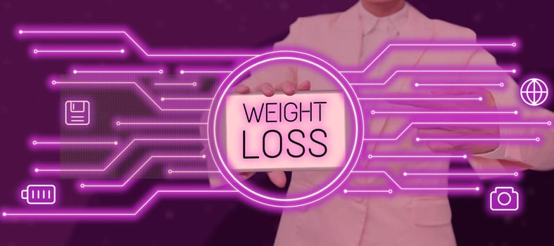 Conceptual caption Weight Loss, Word Written on Decrease in Body Fluid Muscle Mass Reduce Fat Dispose Tissue
