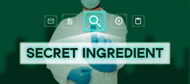 Text showing inspiration Secret Ingredient, Business approach special technique or materials used by a company in manufacturing its products
