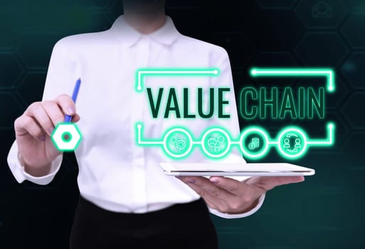 Hand writing sign Value Chain, Business concept Business manufacturing process Industry development analysis