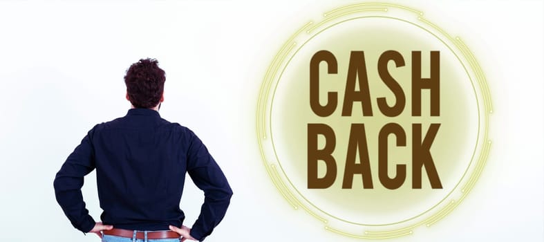 Sign displaying Cash Back, Business showcase incentive offered buyers certain product whereby they receive cash