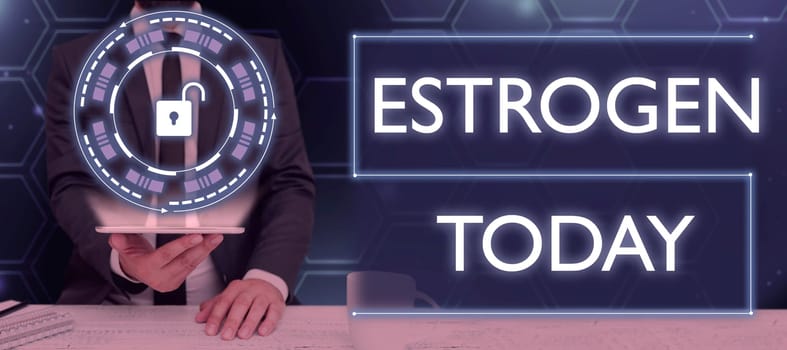 Text sign showing Estrogen, Concept meaning Group of hormones promote the development of female characteristics