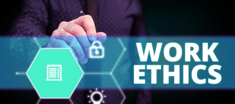 Text caption presenting Work Ethics, Business overview A set of values centered on the importance of doing work