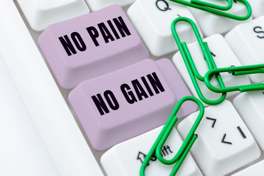 Writing displaying text No Pain No Gain, Conceptual photo All success requires sacrifices Motivational inspiring