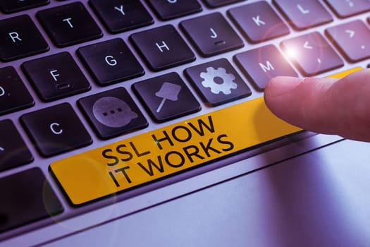 Text sign showing Ssl How It Works, Word for session key is used to encrypt all transmitted data