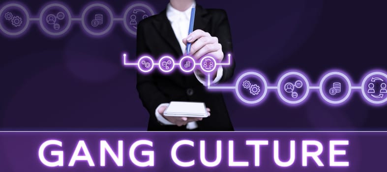 Text sign showing Gang Culture, Concept meaning particular organization of criminals or group of gangsters that follow ones habits