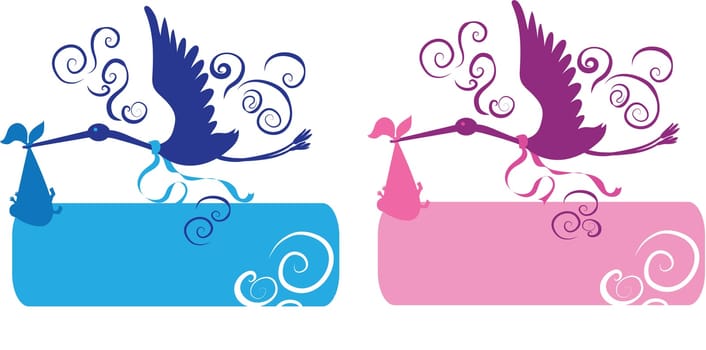 Stork and baby for girl and boy silhouettes