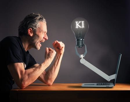 Man tries to defend himself against the AI, Man with laptop from which robot hand holds a light bulb, AI replaces humans