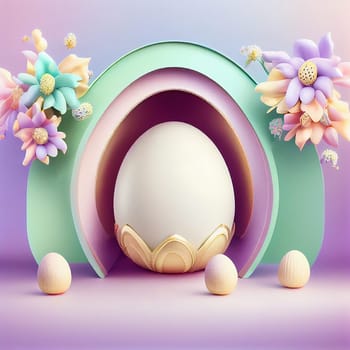 Podium platform and greeting card, easter holiday in spring, pastel colored eggs and flowers, generative AI