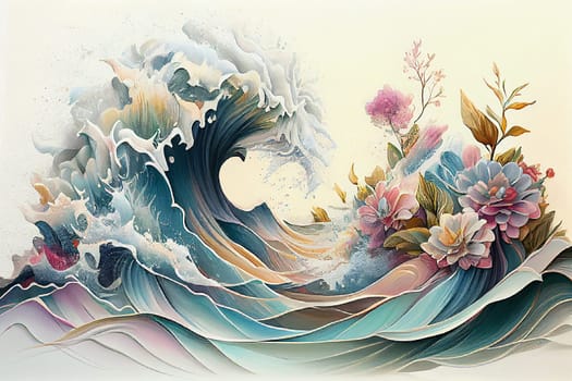 Colorful water wave with spring flowers, pastel color, floral ocean background, generative AI