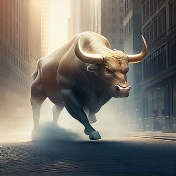 Golden bull in the city, finance and banking, save money, investment plan, financial crisis, generative AI