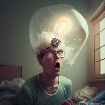 Man with a light bulb bubble explodes on his brain, brainstroming for an idea and innovation, think outside the box, creative mind, generative AI