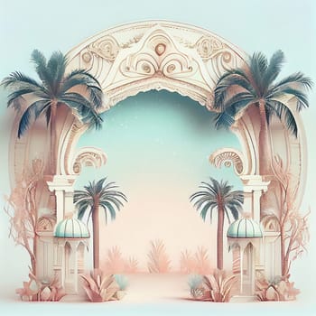 Oriental background with palm trees and and gate in an oasis, template for product and promotion, orient travel, generative AI