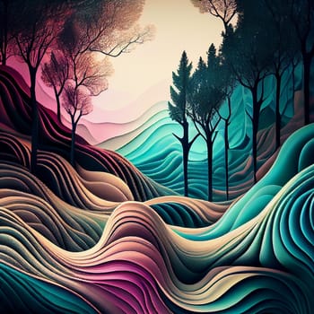 Psychic waves of light in the forest, spirituality and religious belief, inner dimension, personal growth, holy spirit, generative AI