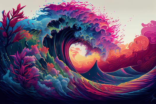 Colorful water wave of summer, vibrant colors, ocean of flowers, positive attitude, heart of love in the middle, generative AI
