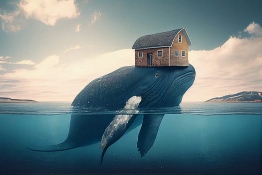 Big whale swimming under water, house on an island on his head, surreal maritime concept, generative AI