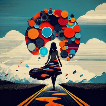 Woman with an huge colorful cloud of discs, positive optimistic attitude, hope and emotion concept, generative AI
