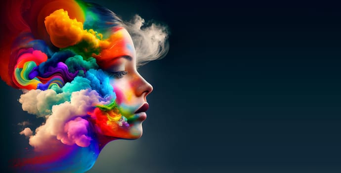 Woman with rainbow colored clouds, creativity explosion, positive thinking, self identidy and wave of imagination, generative AI