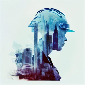 Construction worker, building engineer or architect wearing a helmet, double exposure with cityscape, planning houses and infrastructure, generative AI