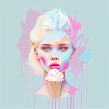 Beautiful woman, waffle cone on the head, ice cream melting down the face, summer feeling, vibrant pastel color, generative AI